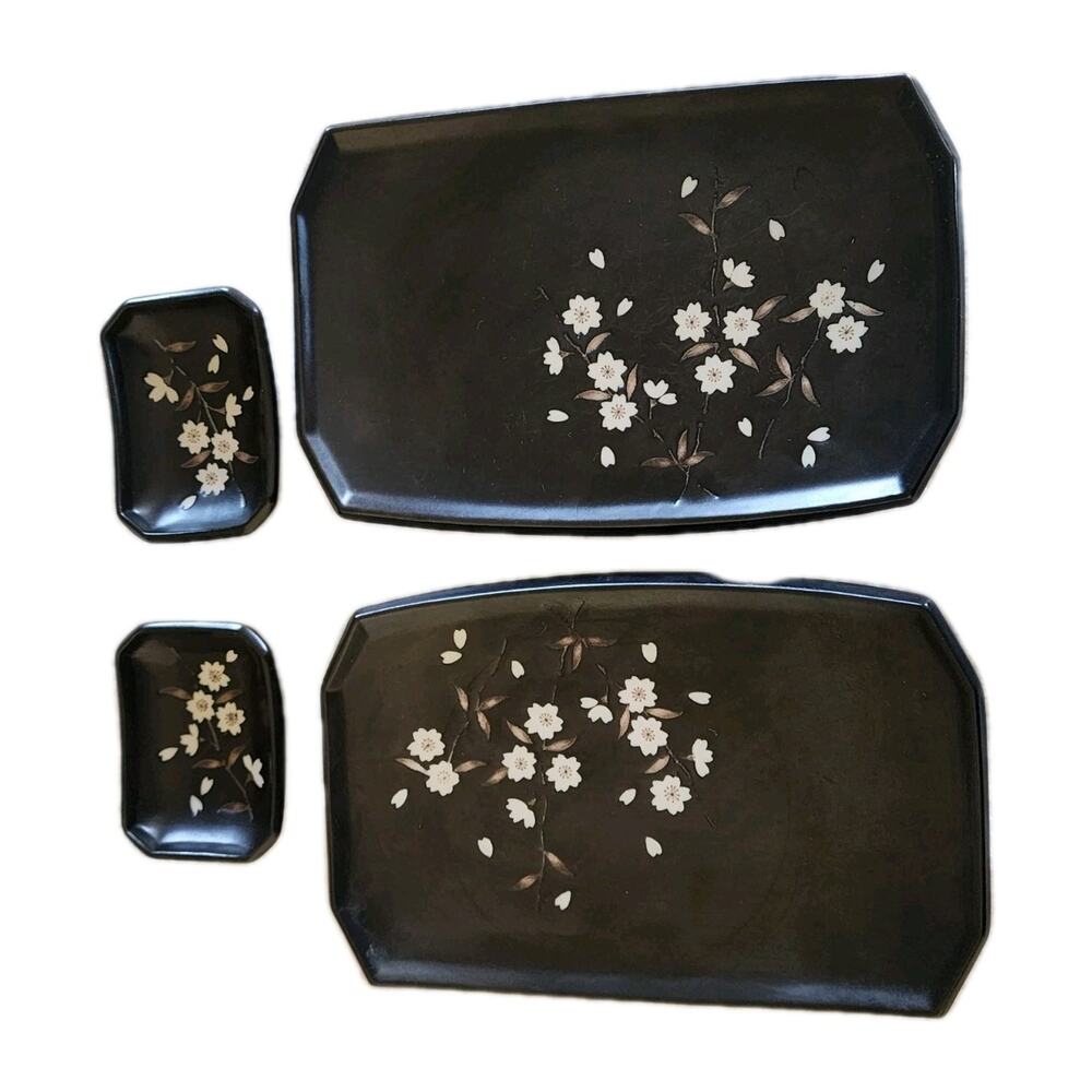TWO VTG Kafuh Black Sakura Stoneware Sushi SetsBlack Cherry Blossom Japan Dish
